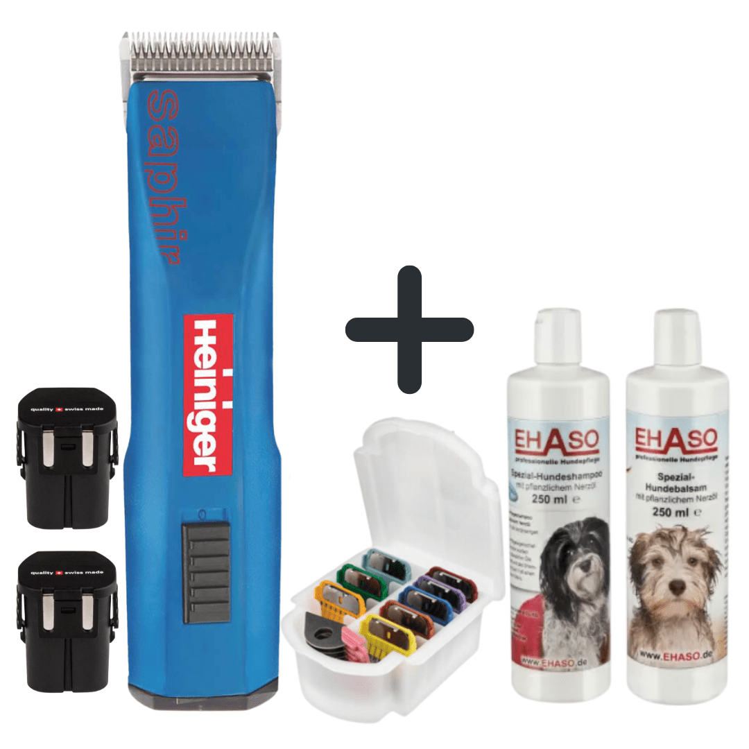 Super Bundle HEINIGER Saphir blau Hundeschermaschine inkl. 2 Akkus + Aufsteckkammset 9tlg. + EHASO Shampoo & Balsam Super Bundle HEINIGER Saphir blau