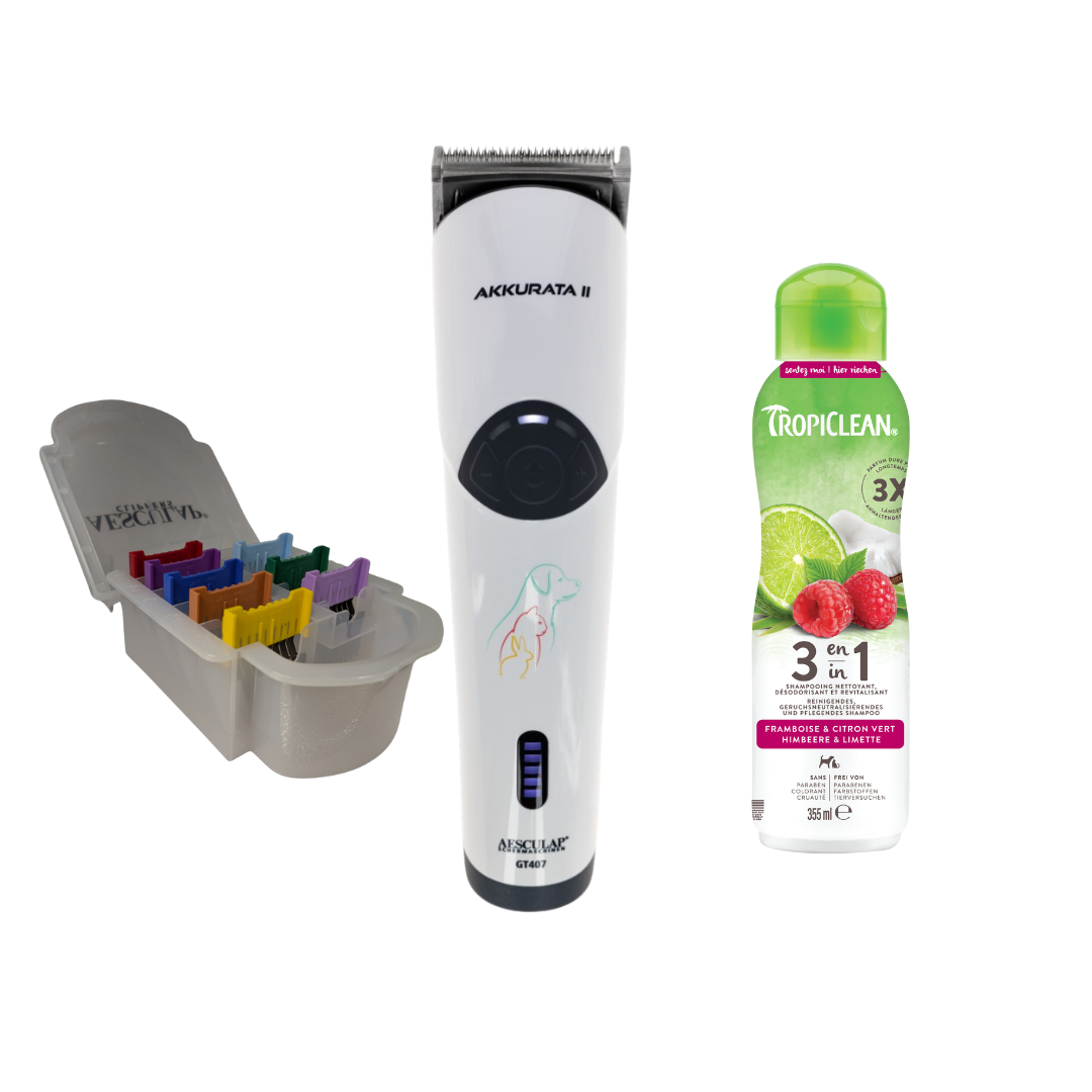 Super Bundle AESCULAP Akkurata II Hundeschermaschine + 2in1 TropiClean + Aufsteckkammset