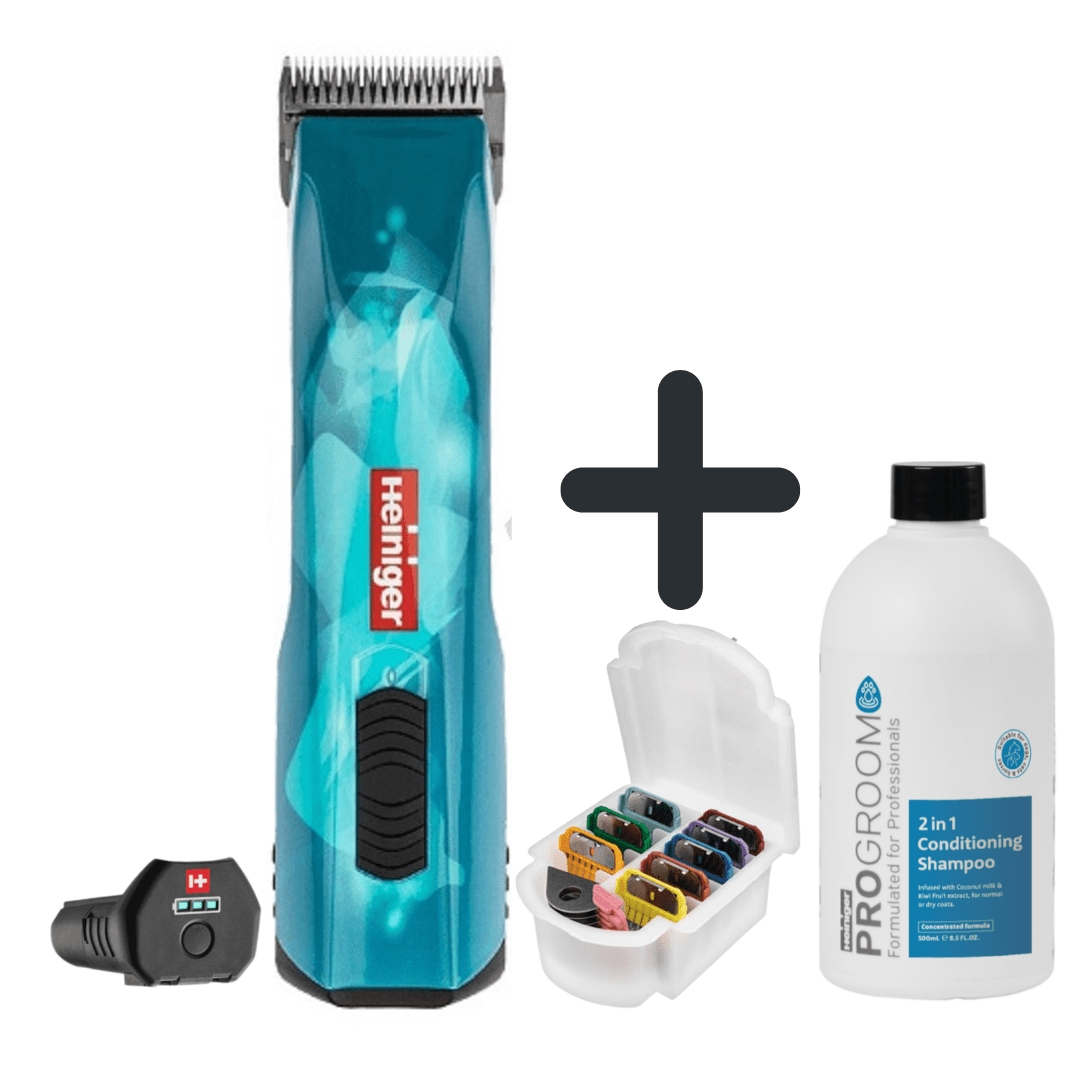 Super Bundle HEINIGER OPAL Hundeschermaschine inkl. 1 Akku + Aufsteckkamms. 9 tlg. + Shampoo