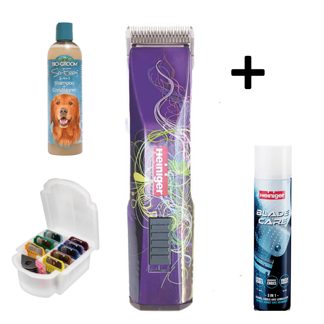 Super Bundle HEINIGER Saphir Style Lila+ Scherkopf Size10+Aufsteckkammset+71950 Bio Groom So Easy