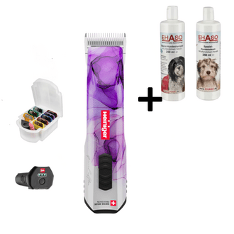 Maschine, Aufsteckkämme, Shampoo und Balsam