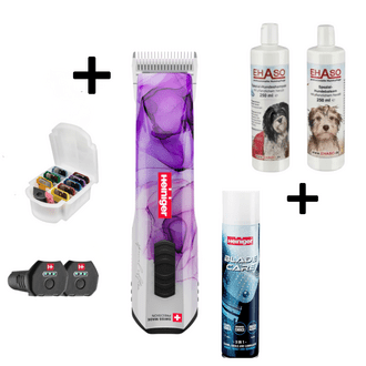 Maschine, Aufsteckkämme, Shampoo und Balsam
