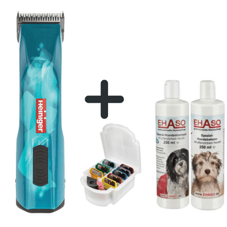 Maschine, Aufsteckkämme, Shampoo und Balsam