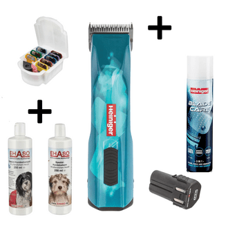Maschine, Aufsteckkämme, Shampoo und Balsam