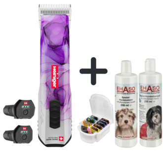 Maschine, Aufsteckkämme, Shampoo und Balsam