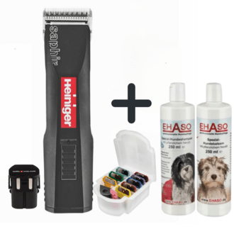 Maschine, Aufsteckkämme, Shampoo und Balsam