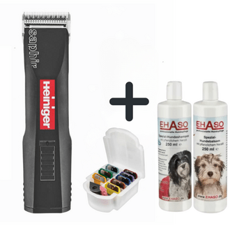 Maschine, Aufsteckkämme, Shampoo und Balsam