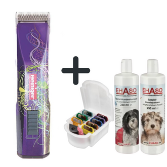 Maschine, Aufsteckkämme, Shampoo und Balsam