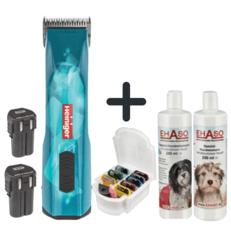 Maschine, Aufsteckkämme, Shampoo und Balsam