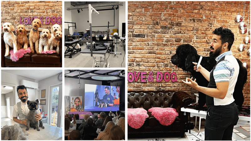 Weiße Joyzzee-Schermaschine mit aufgedrucktem, goldenen und grauem Leoparden-Motiv steckt in einer Ladesstation, daneben 2 zusätzliche Akkus und eine Darstellung des Transportkoffers mit Raptor-Schriftzug